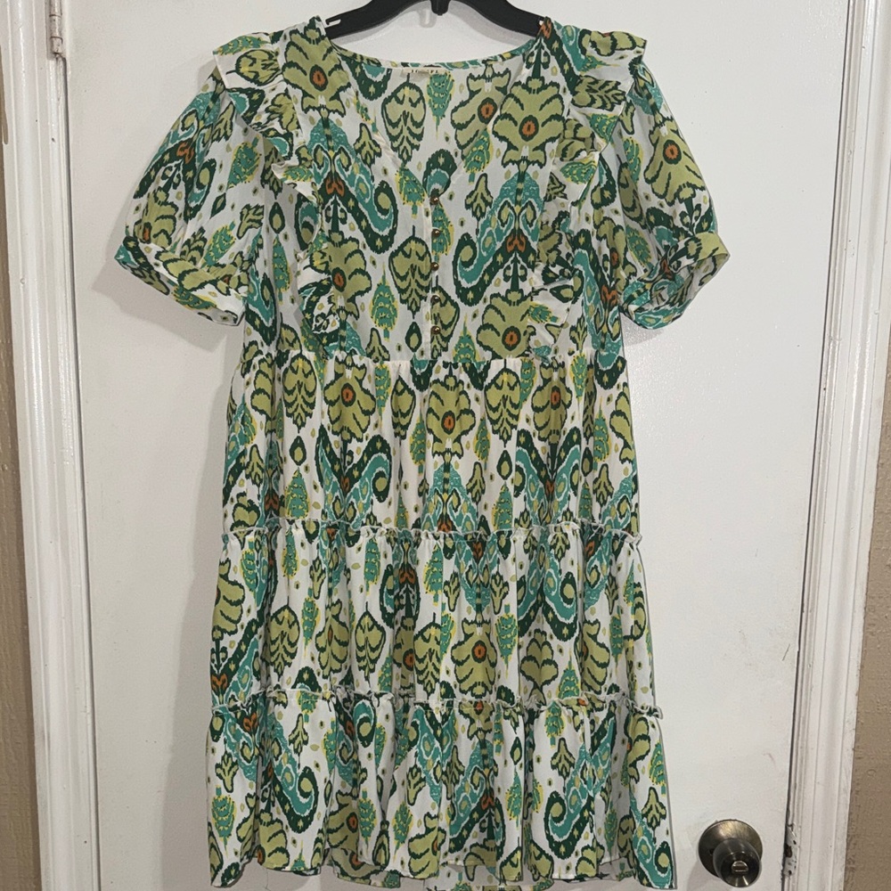 JODIFL Vibrant Green and Blue Patterned Midi Dress